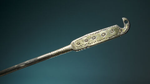 12 cm lange Silbernadel mit vergoldetem stilisierten Vogelkopf, verziert mit Rillen und Punzen, Mitte 7. Jh. n. Chr.. Grabfund aus Karben (Wetteraukreis)