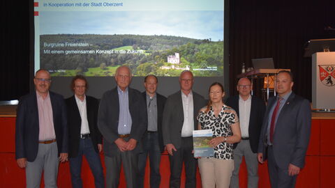 Foto. Von links aus Dr. des. Thomas Becker (LfDH), Dr. Gerd Strickhausen, Dr. Jürgen Kammer, Christian Breckner, Prof. Dr. Markus Harzenetter (LfDH), Kristin Schubert M.A. (LfDH), Landrat Frank Matiaske, Bürgermeister Christian Kehrer.