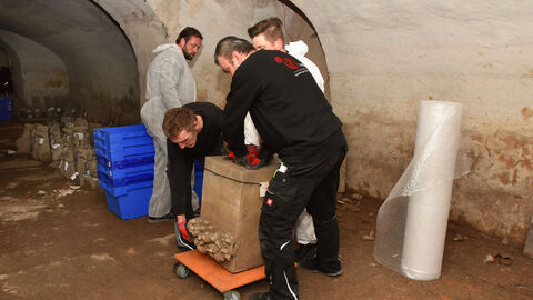 Mitarbeitende der Spezialfirma verladen die Baukeramiken noch im Tiefkeller des Biebricher Schlosses.