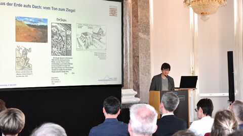 Blick durch das Publikum auf eine Leinwand, auf der eine Präsentation gezeigt wird. Rechts neben der Leinwand steht ein Mann am Rednerpult.