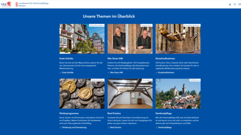 Übersicht der Website-Themen Sechs Kacheln mit Fotos zu den verschiedenen Themen der Website, darunter kurze Erklärtexte
