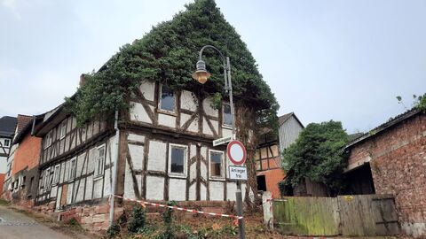 Fachwerkfassade, braunes Fachwerk mit weißen Gefachen, Giebel ist mit Efeu bewachsen