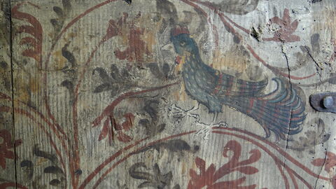 Detail der Malerei auf dem mittelalterlichen Schrank. Detail der Malerei auf dem mittelalterlichen Schrank.