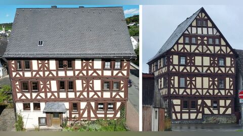 Das Gebäude von Süden (links) und von Osten (rechts) Zwei Ansichten eines dreigeschossigen Fachwerkhauses mit Schieferdach