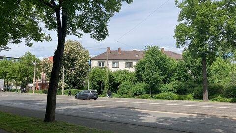 Das oberste Geschoss eines weiß verputzten Hauses mit Walmdach. Die UNtersten Geschosse verschwinden hinter Bäumen.