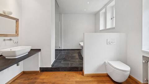 Badezimmer Weiß gestrichener Raum mit Holzboden und dunklem Steinboden